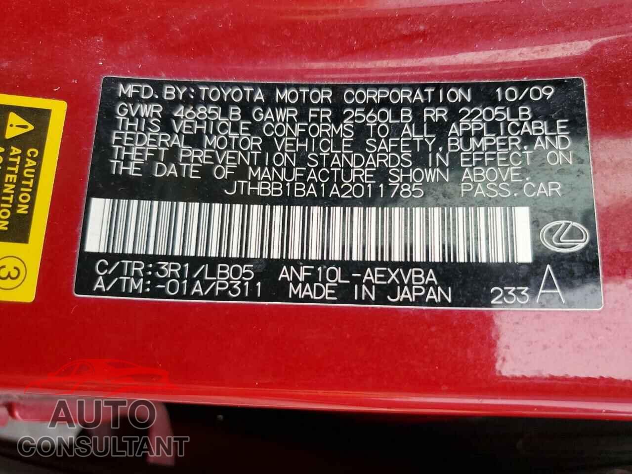 LEXUS HS 2010 - JTHBB1BA1A2011785