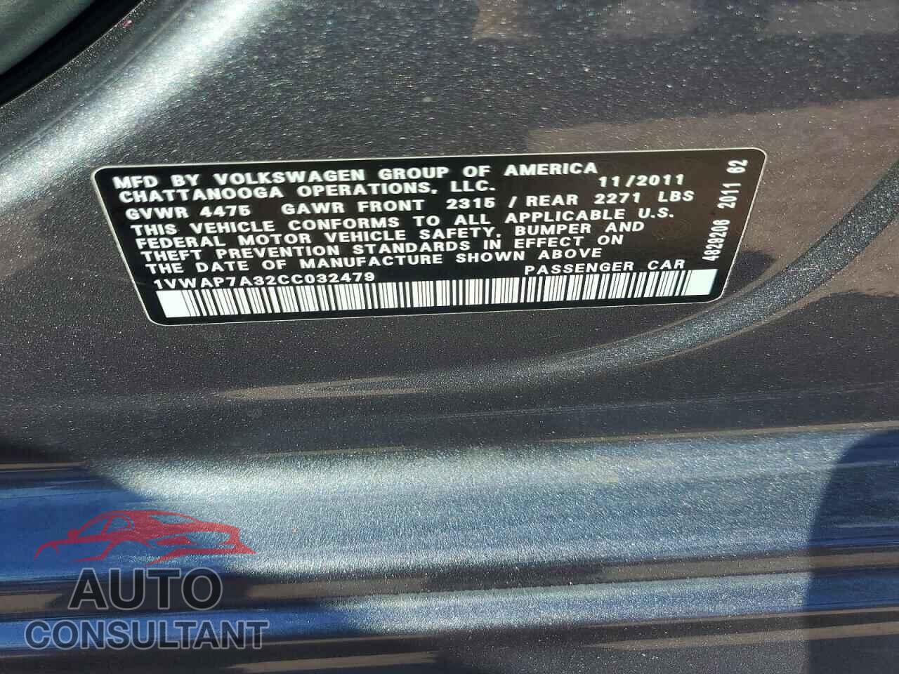VOLKSWAGEN PASSAT 2012 - 1VWAP7A32CC032479