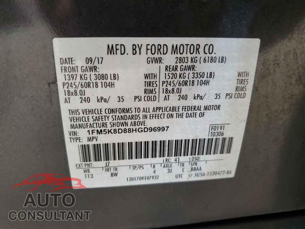 FORD EXPLORER 2017 - 1FM5K8D88HGD96997