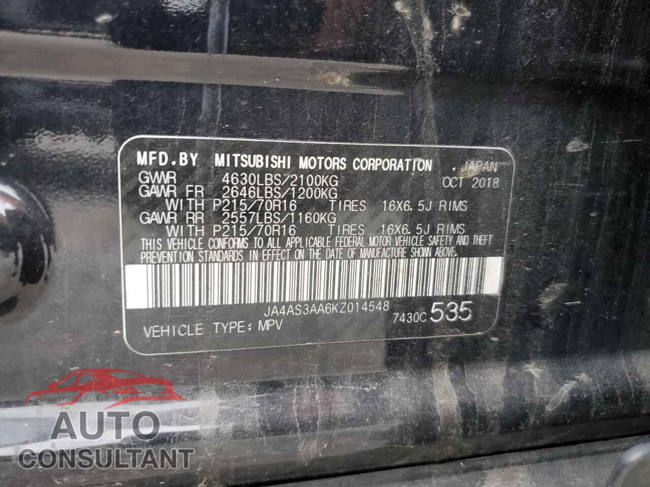 MITSUBISHI ECLIPSE 2019 - JA4AS3AA6KZ014548