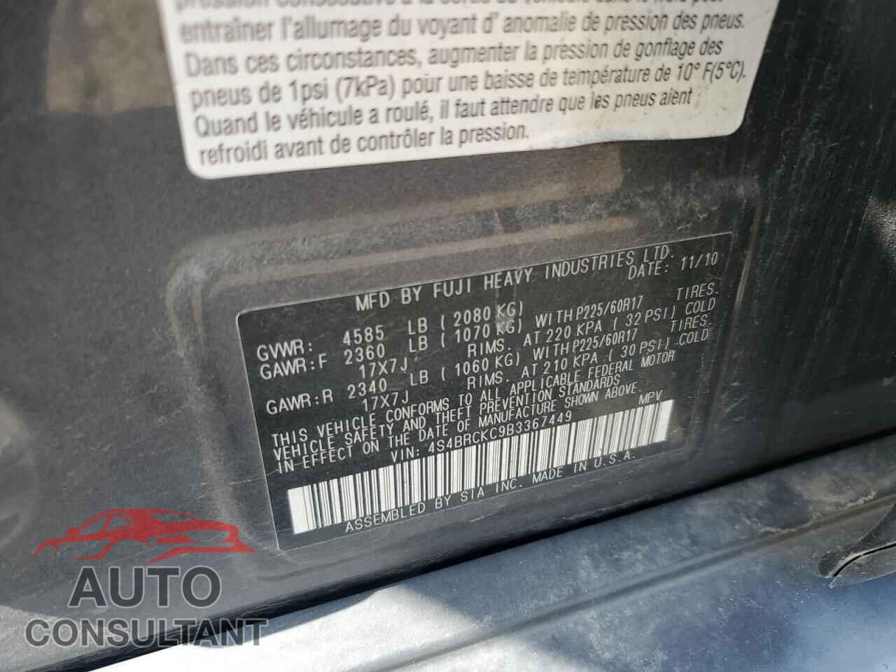 SUBARU OUTBACK 2011 - 4S4BRCKC9B3367449