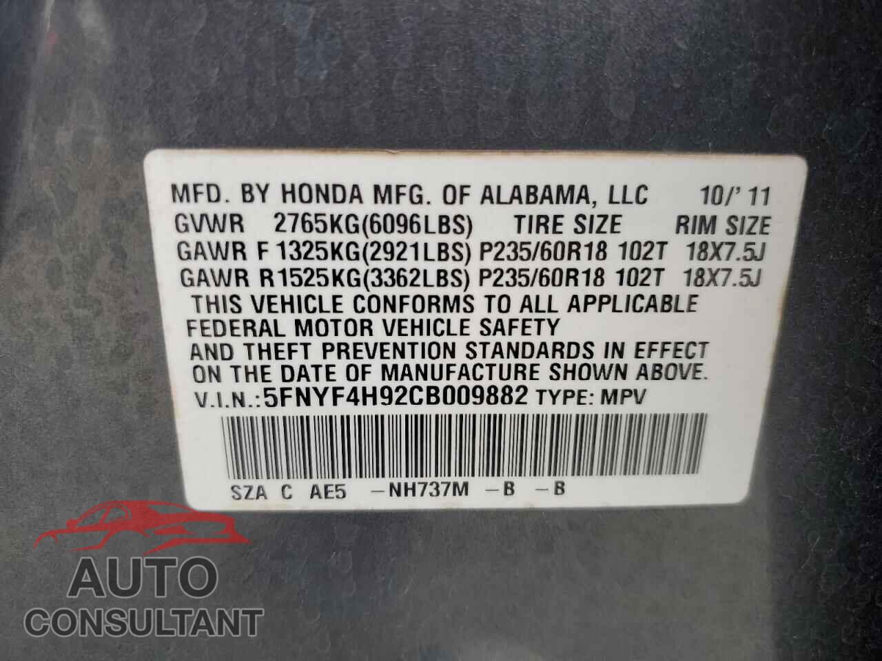 HONDA PILOT 2012 - 5FNYF4H92CB009882