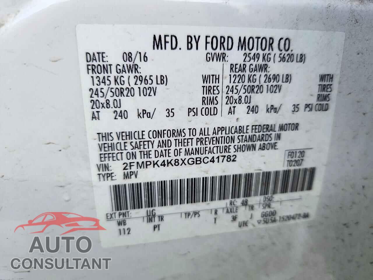 FORD EDGE 2016 - 2FMPK4K8XGBC41782