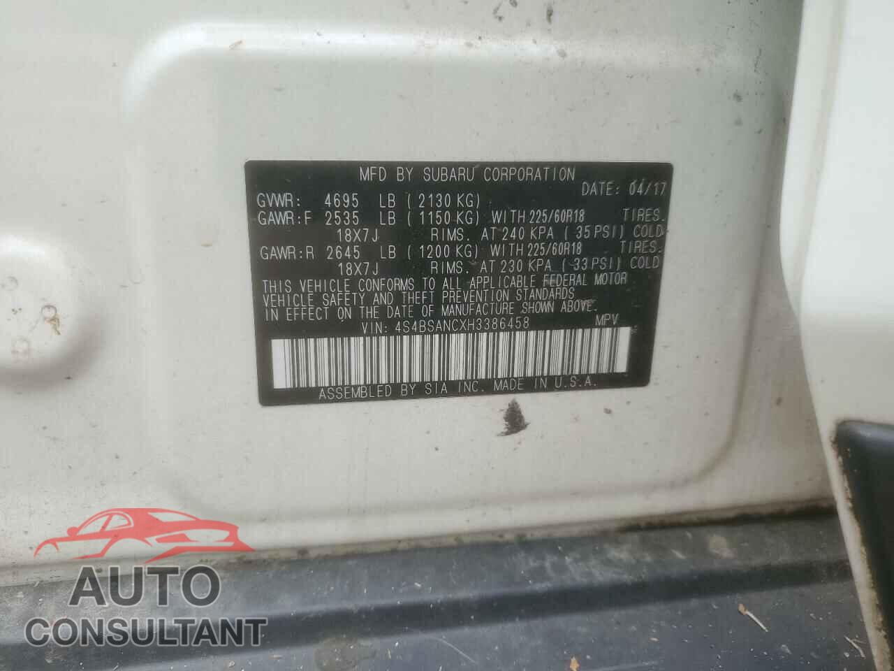 SUBARU OUTBACK 2017 - 4S4BSANCXH3386458