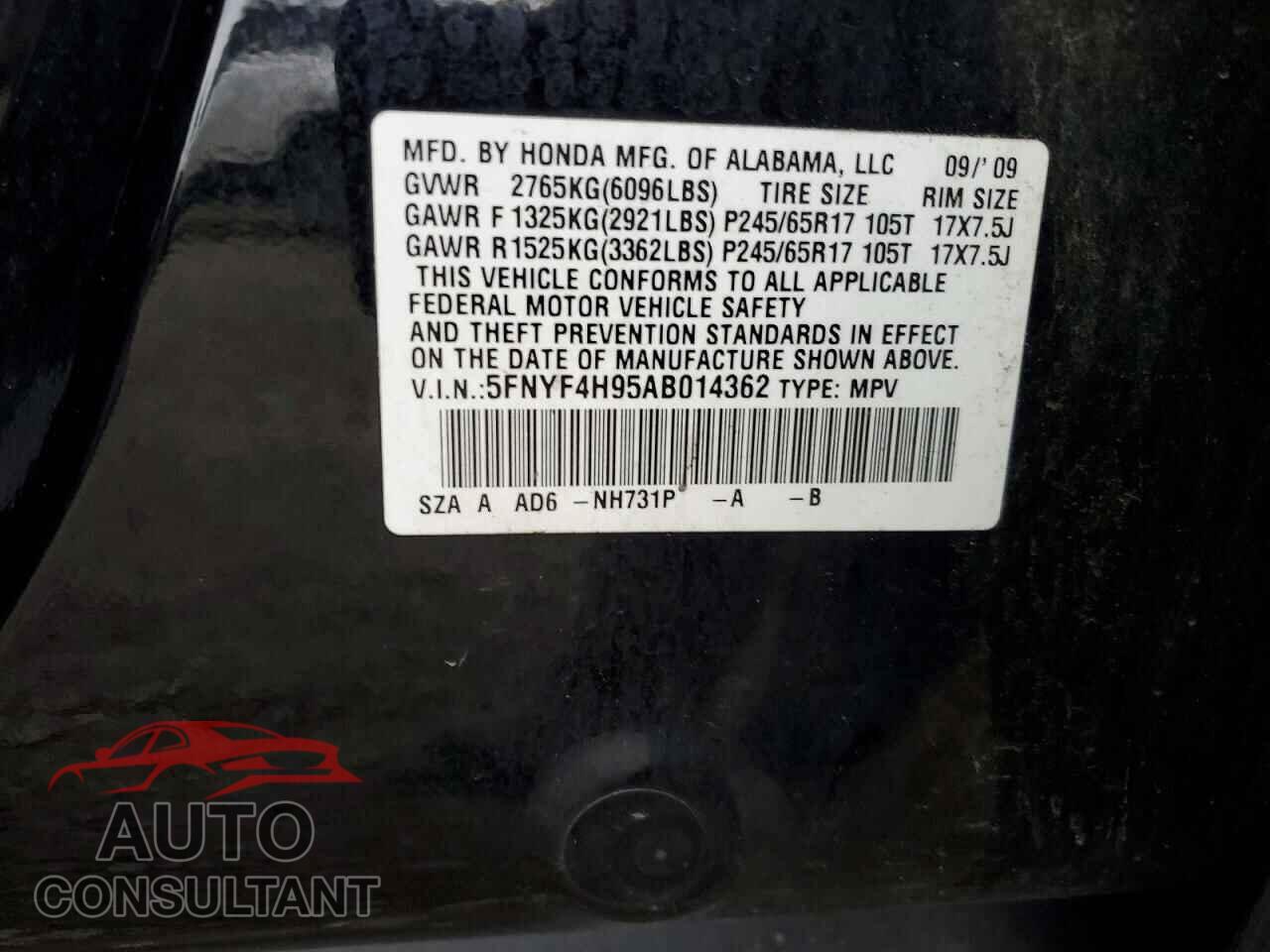 HONDA PILOT 2010 - 5FNYF4H95AB014362
