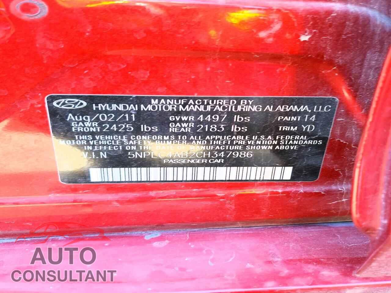 HYUNDAI SONATA 2012 - 5NPEC4AB2CH347986