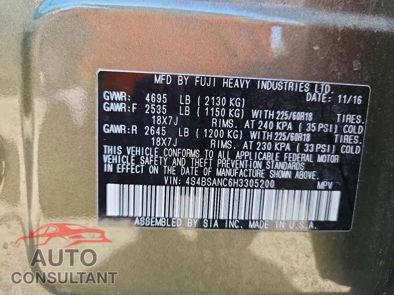 SUBARU OUTBACK 2017 - 4S4BSANC6H3305200