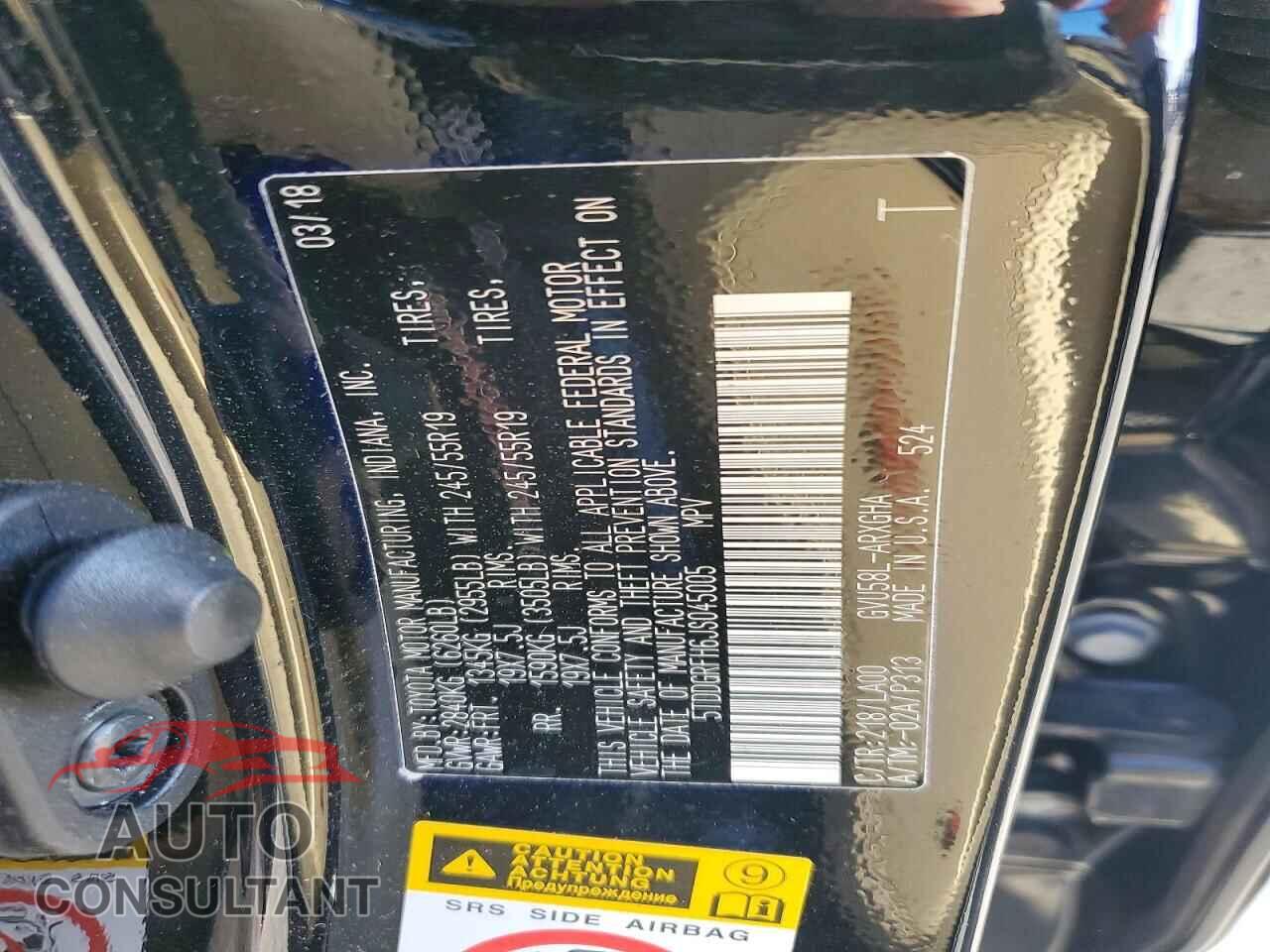 TOYOTA HIGHLANDER 2018 - 5TDDGRFH6JS045005
