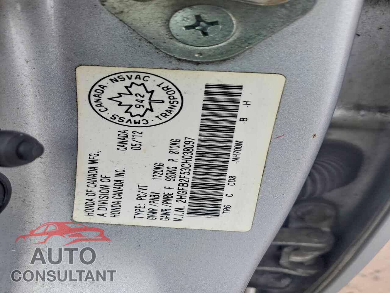 HONDA CIVIC 2012 - 2HGFB2F53CH038097