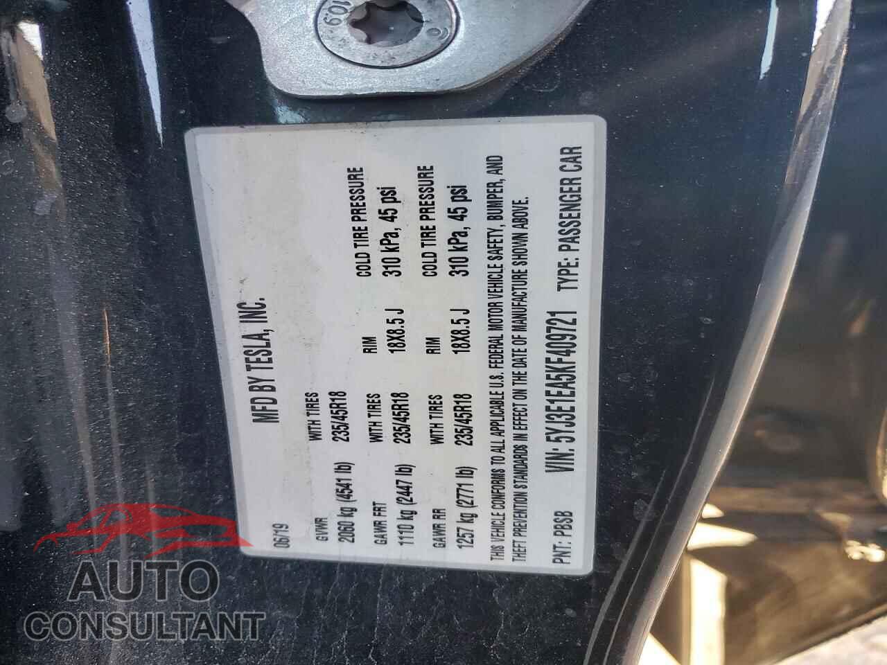TESLA MODEL 3 2019 - 5YJ3E1EA5KF409721