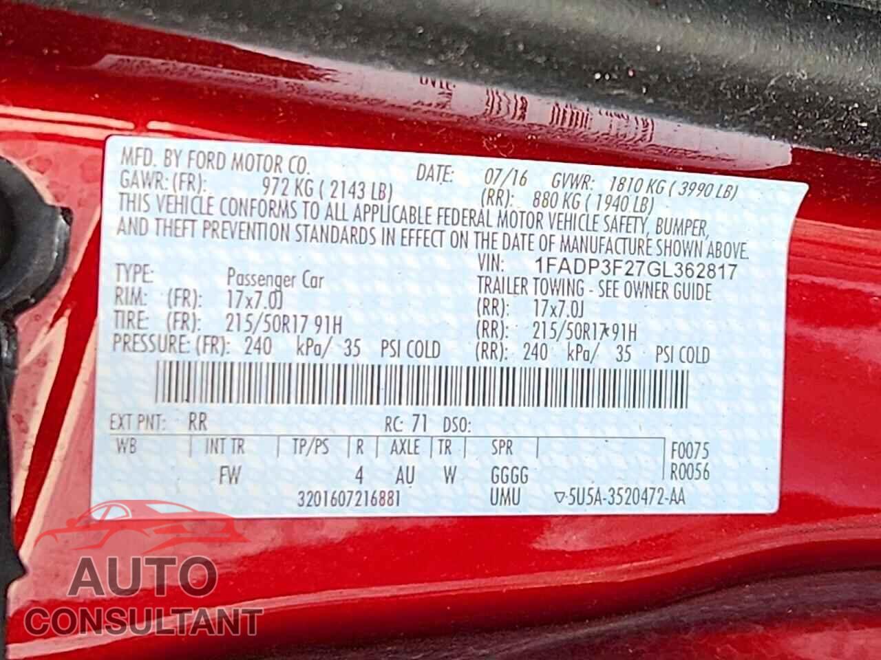 FORD FOCUS 2016 - 1FADP3F27GL362817