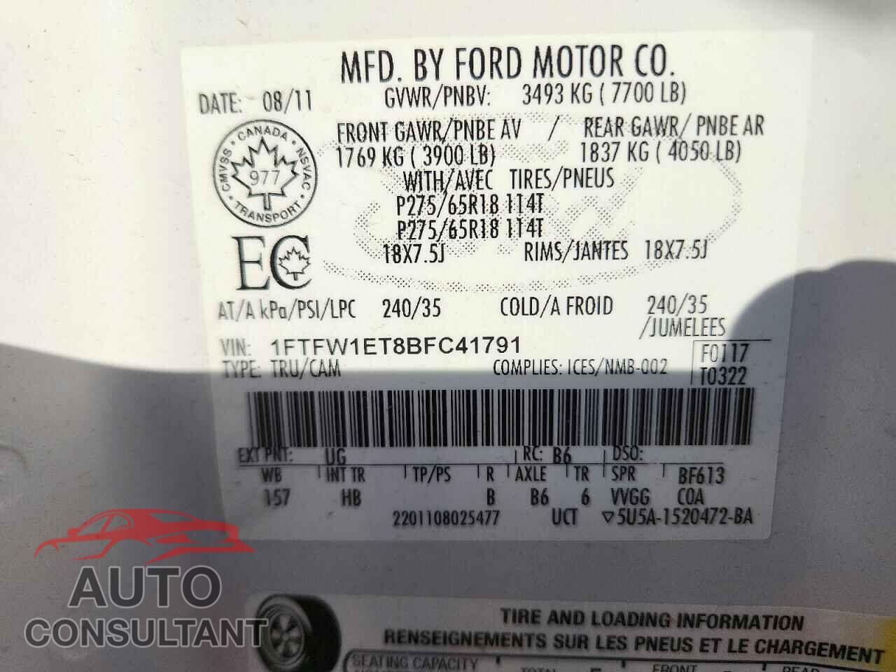 FORD F150 2011 - 1FTFW1ET8BFC41791