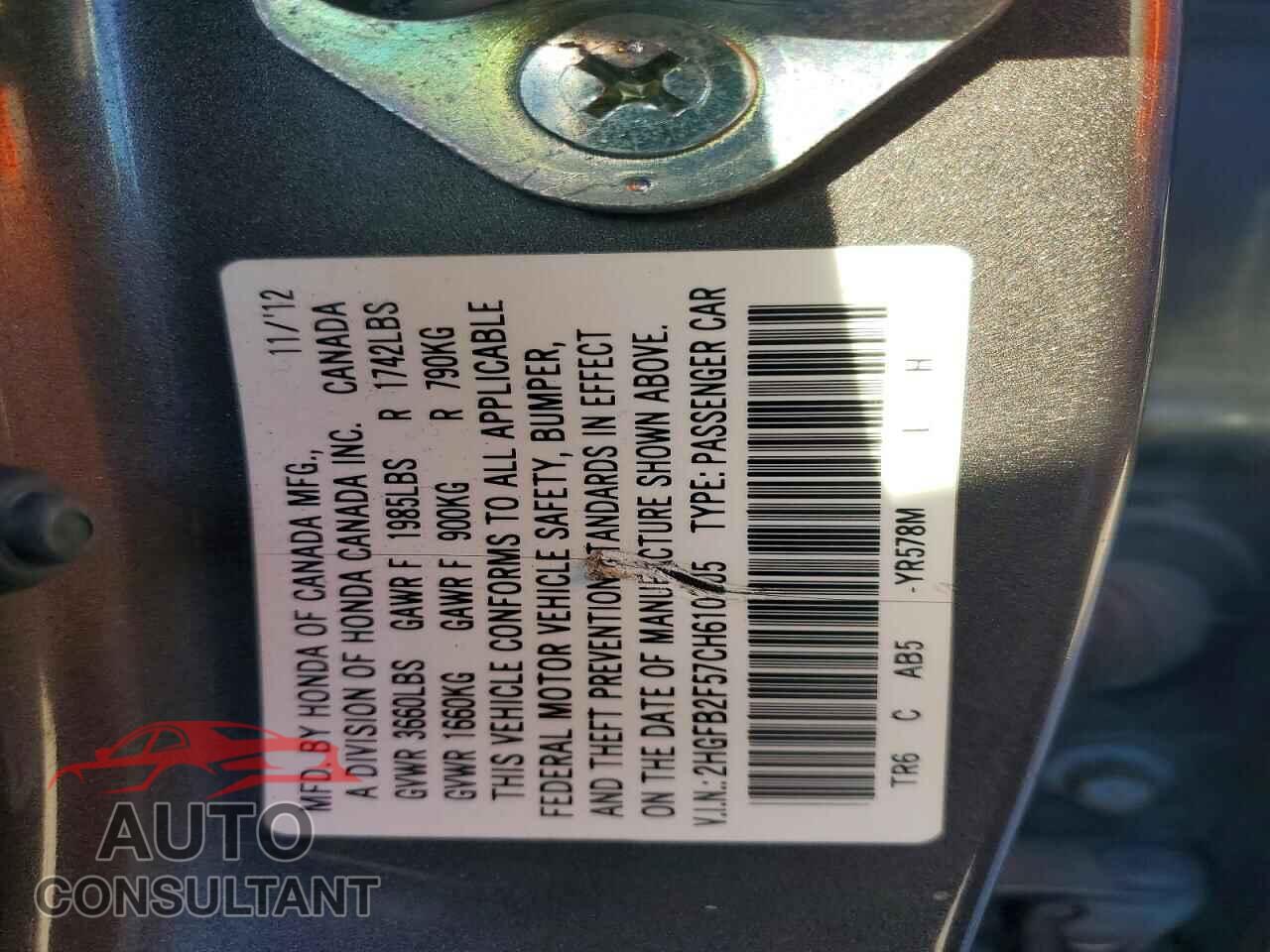 HONDA CIVIC 2012 - 2HGFB2F57CH610305