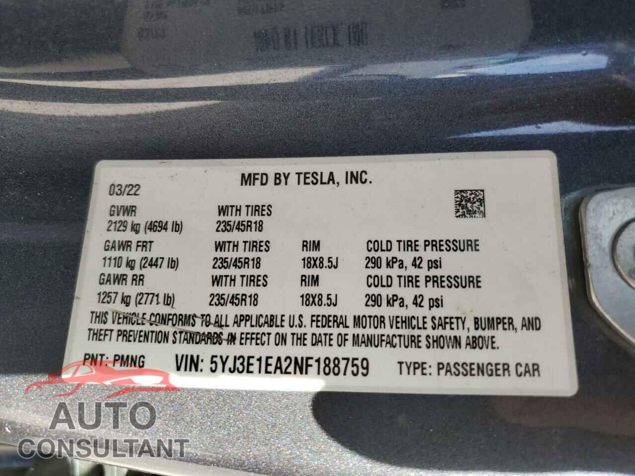TESLA MODEL 3 2022 - 5YJ3E1EA2NF188759