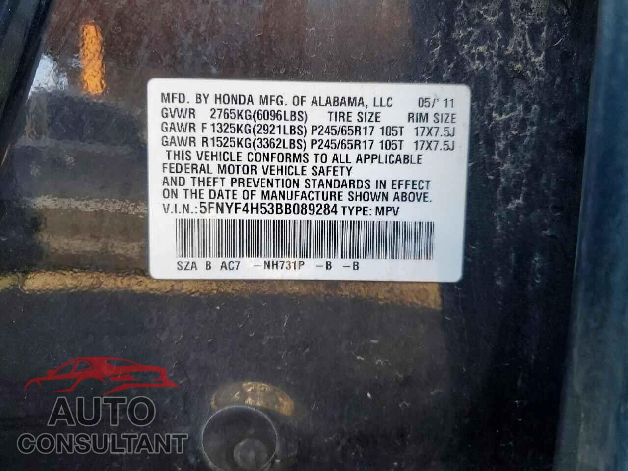HONDA PILOT 2011 - 5FNYF4H53BB089284