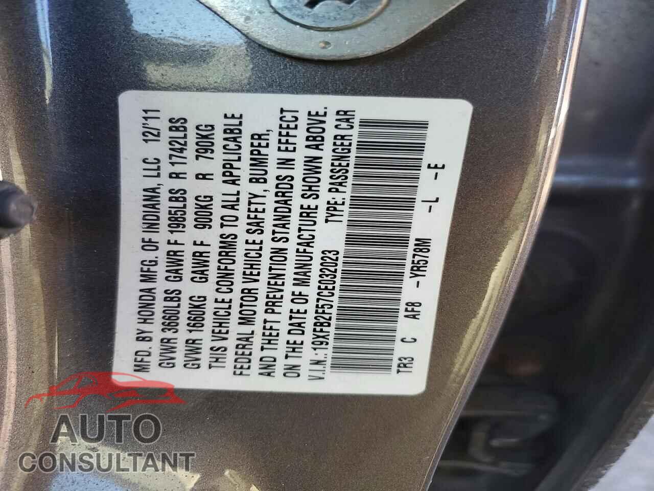 HONDA CIVIC 2012 - 19XFB2F57CE032023
