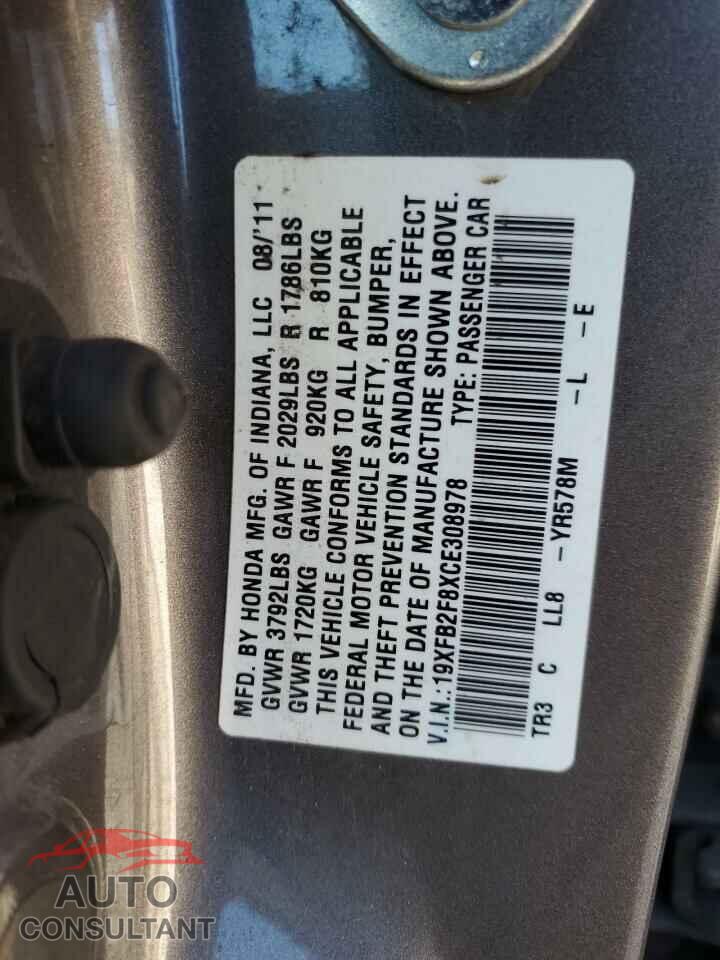 HONDA CIVIC 2012 - 19XFB2F8XCE308978