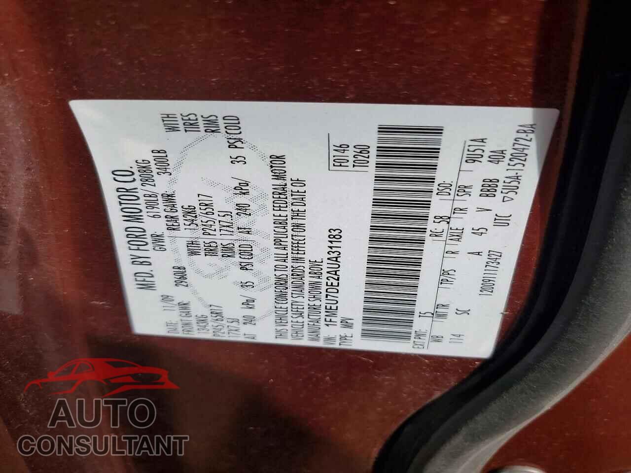 FORD EXPLORER 2010 - 1FMEU7DE2AUA31183