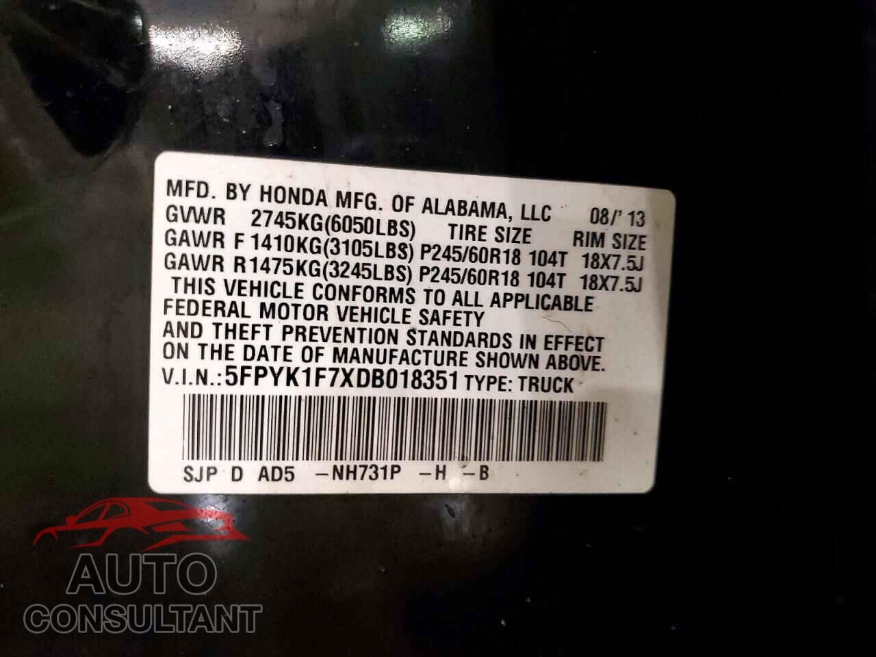 HONDA RIDGELINE 2013 - 5FPYK1F7XDB018351