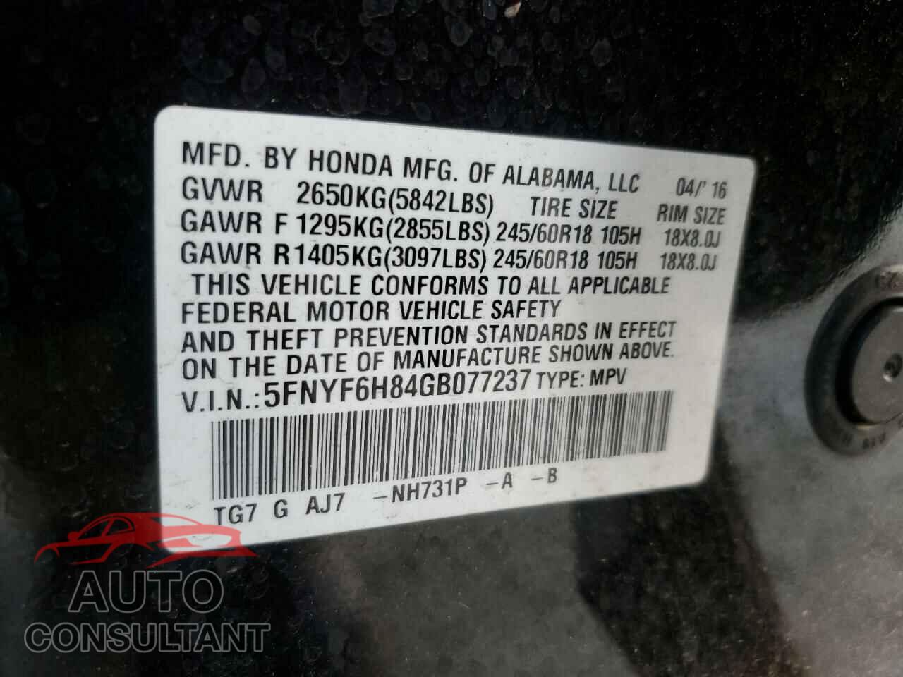 HONDA PILOT 2016 - 5FNYF6H84GB077237