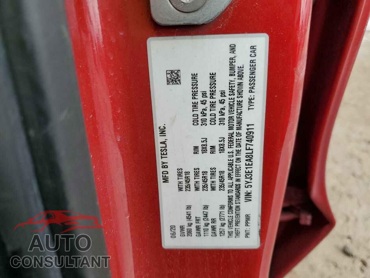 TESLA MODEL 3 2020 - 5YJ3E1EA8LF740911