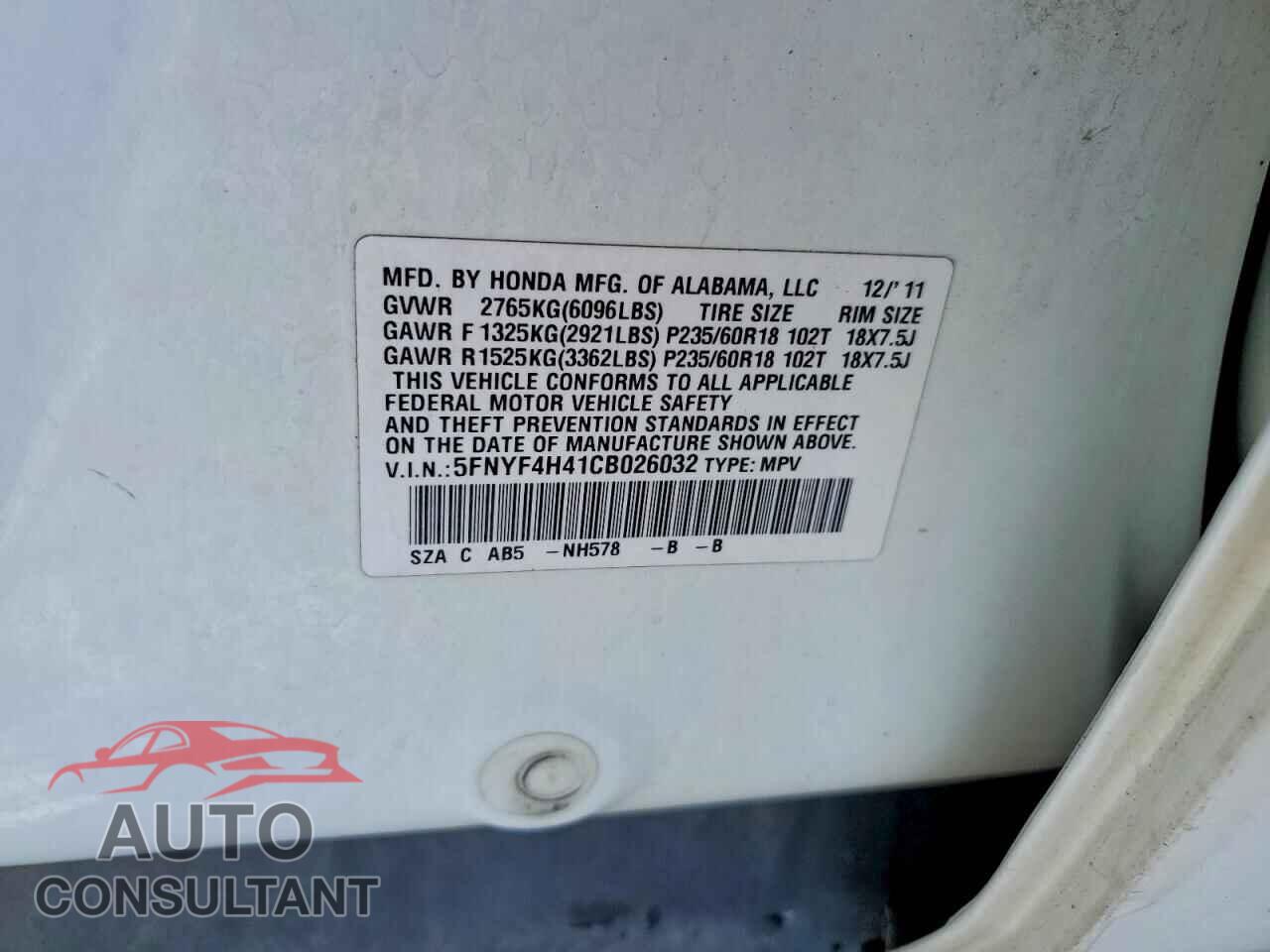 HONDA PILOT 2012 - 5FNYF4H41CB026032
