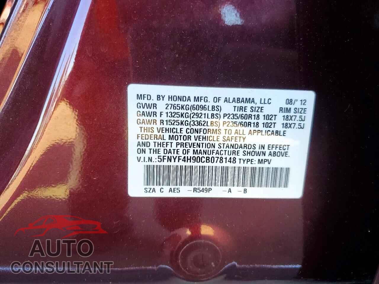 HONDA PILOT 2012 - 5FNYF4H90CB078148