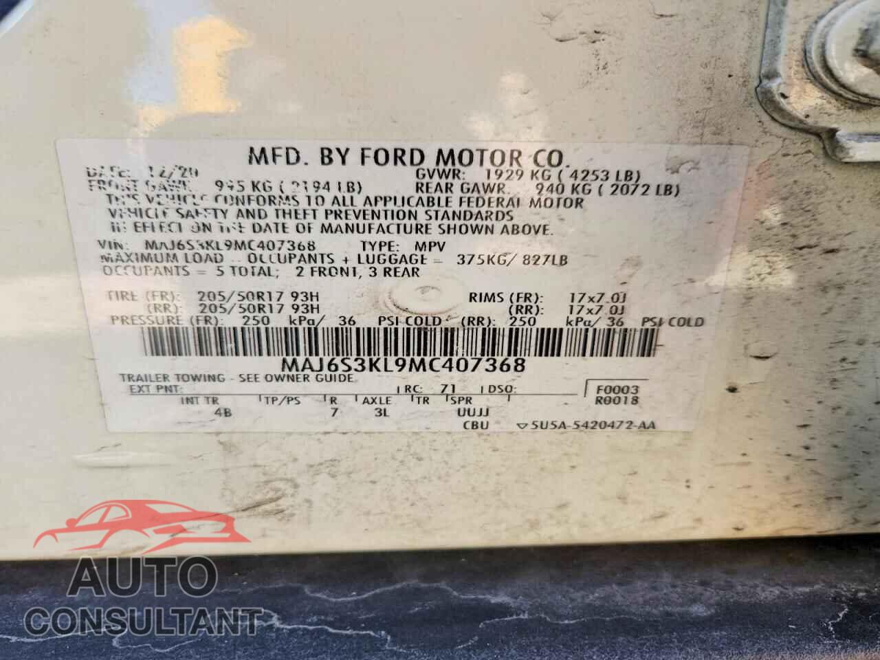 FORD ECOSPORT 2021 - MAJ6S3KL9MC407368
