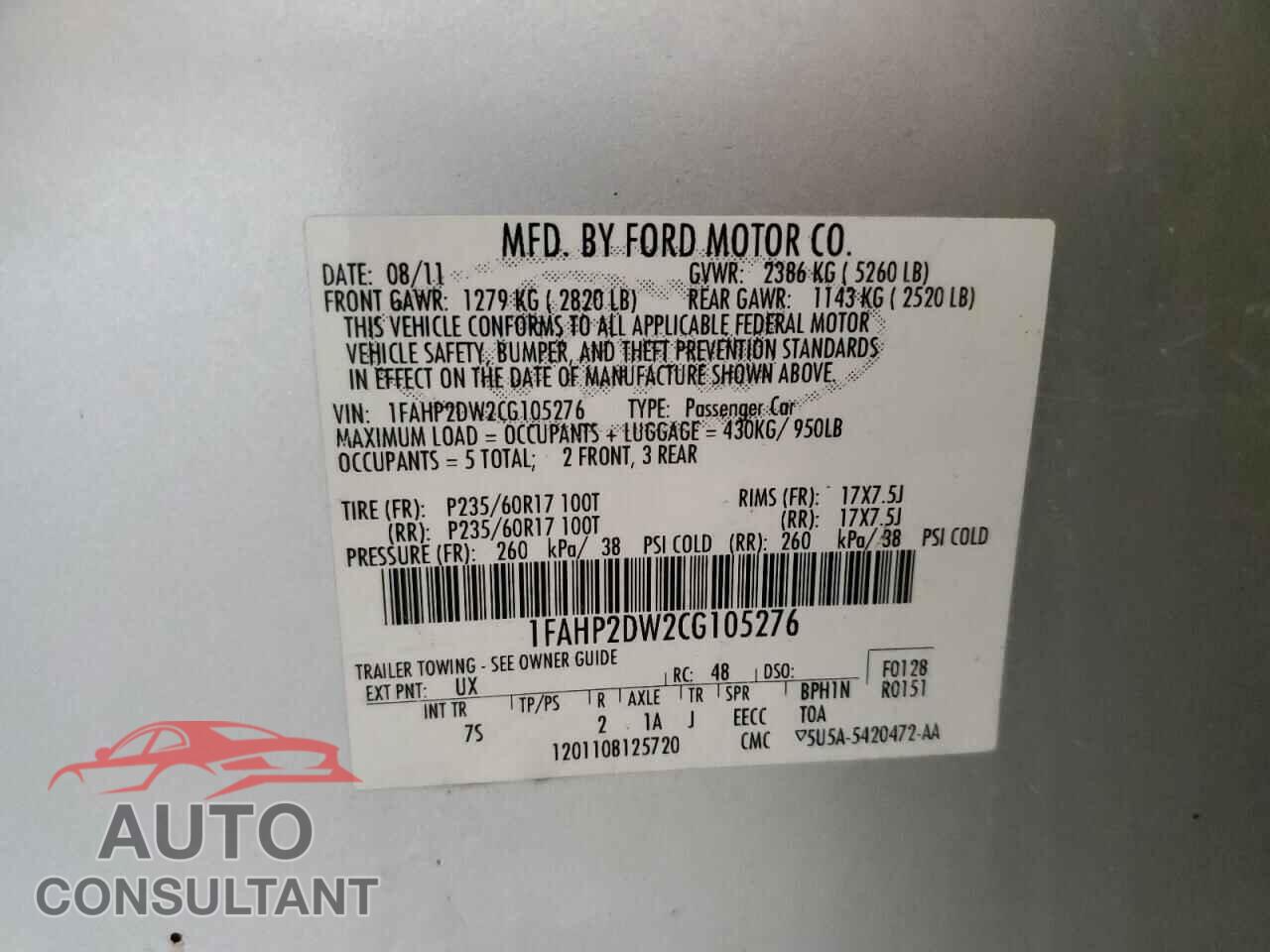 FORD TAURUS 2012 - 1FAHP2DW2CG105276