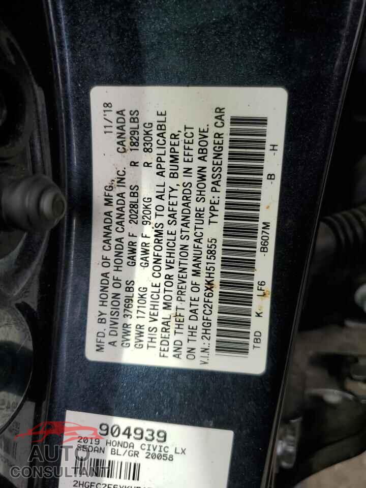 HONDA CIVIC 2019 - 2HGFC2F6XKH515855