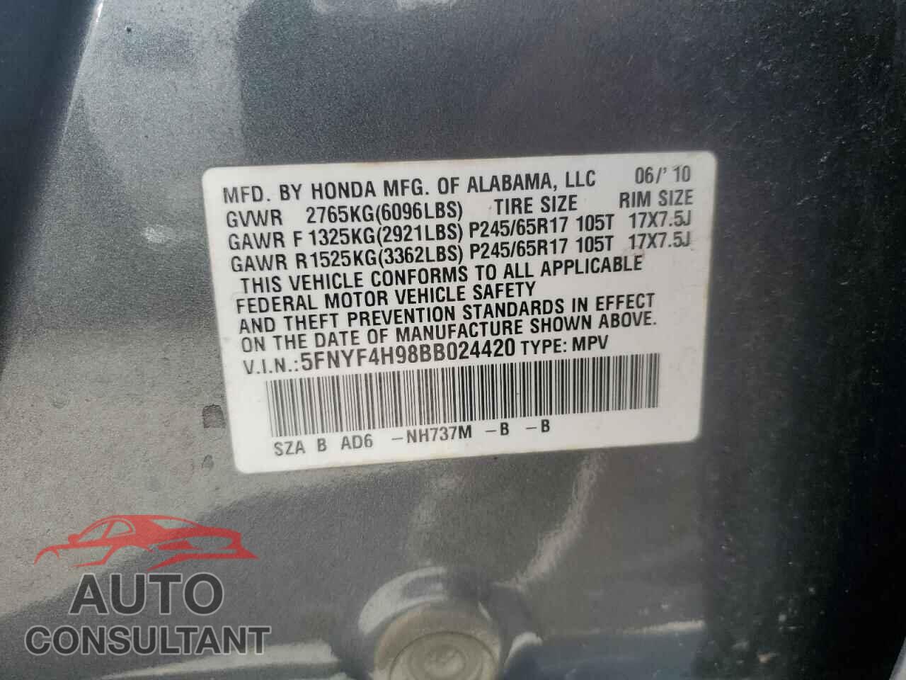 HONDA PILOT 2011 - 5FNYF4H98BB024420