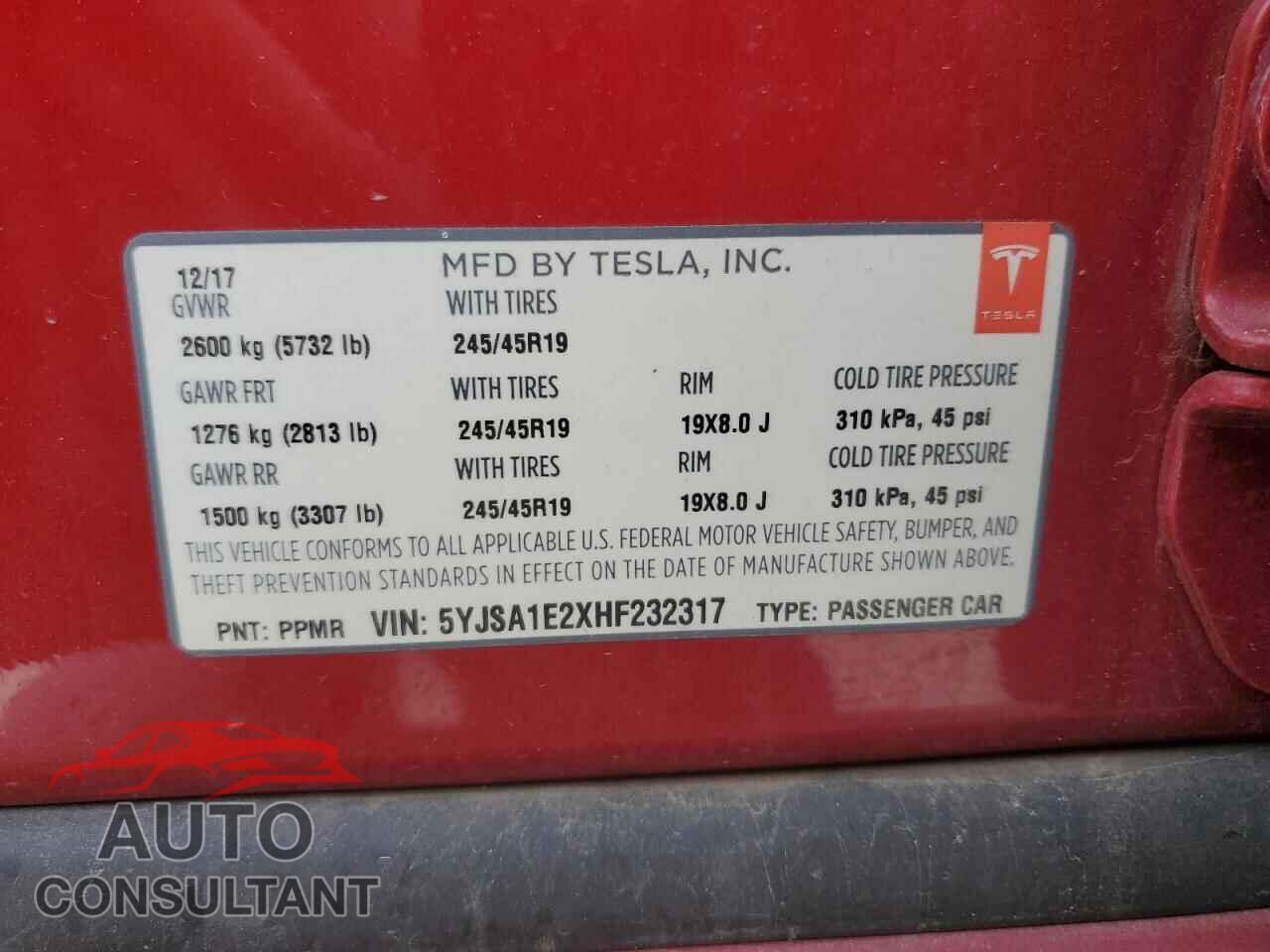TESLA MODEL S 2017 - 5YJSA1E2XHF232317