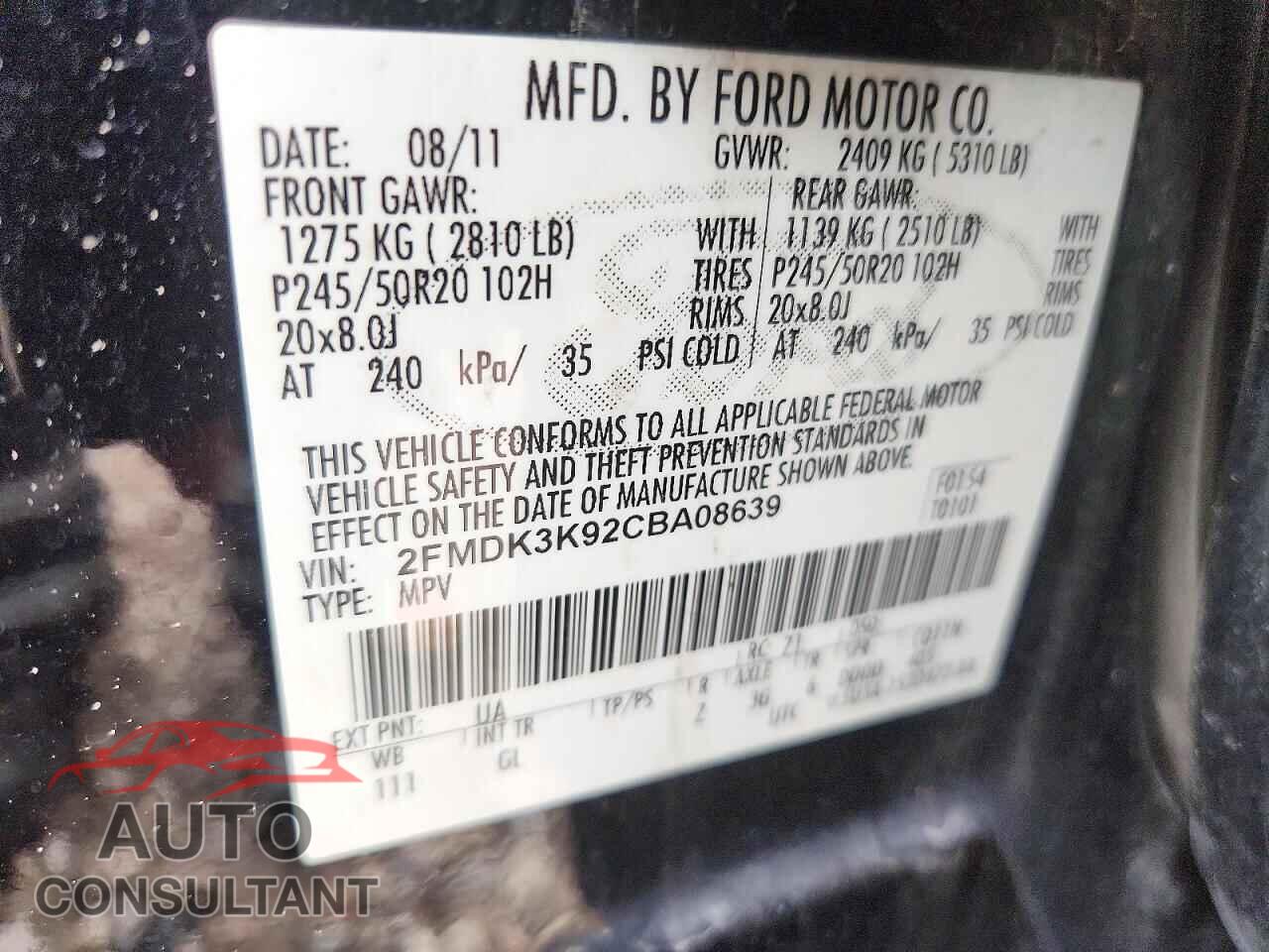 FORD EDGE 2012 - 2FMDK3K92CBA08639
