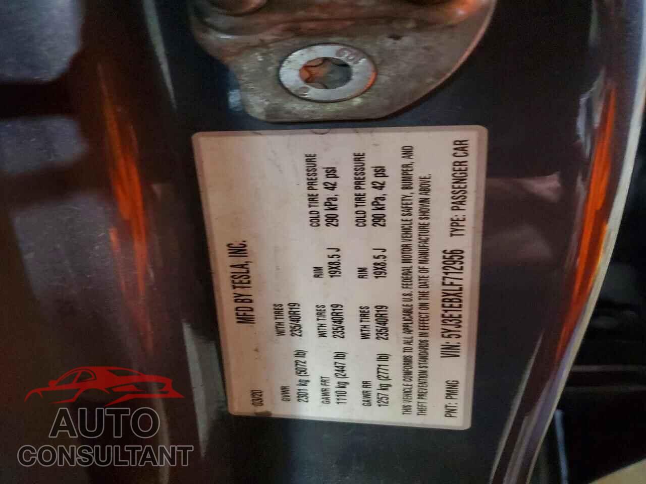 TESLA MODEL 3 2020 - 5YJ3E1EBXLF712956