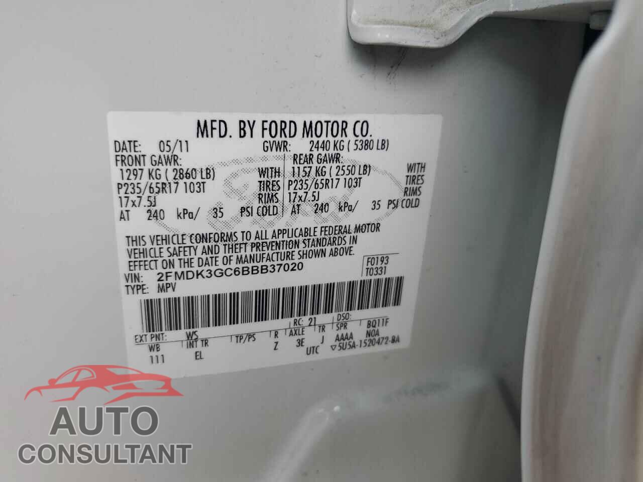 FORD EDGE 2011 - 2FMDK3GC6BBB37020