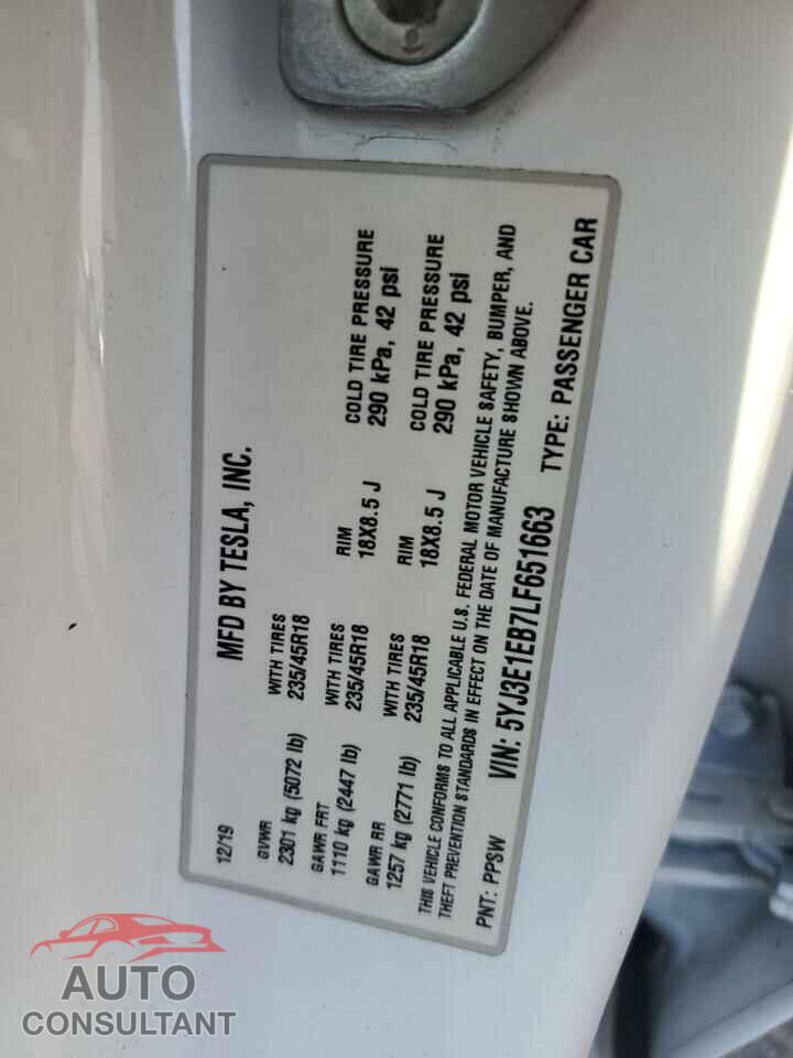 TESLA MODEL 3 2020 - 5YJ3E1EB7LF651663