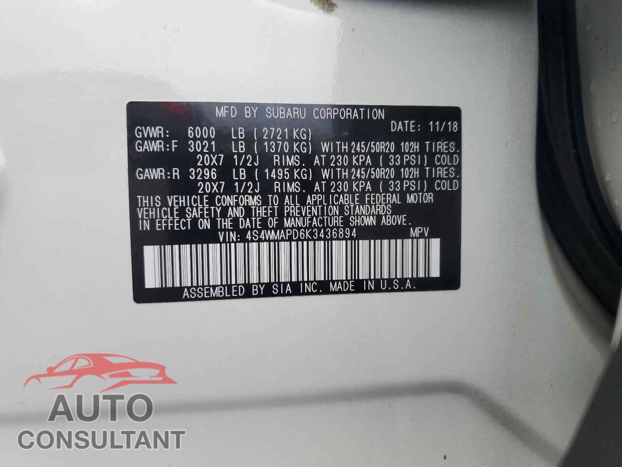 SUBARU ASCENT 2019 - 4S4WMAPD6K3436894