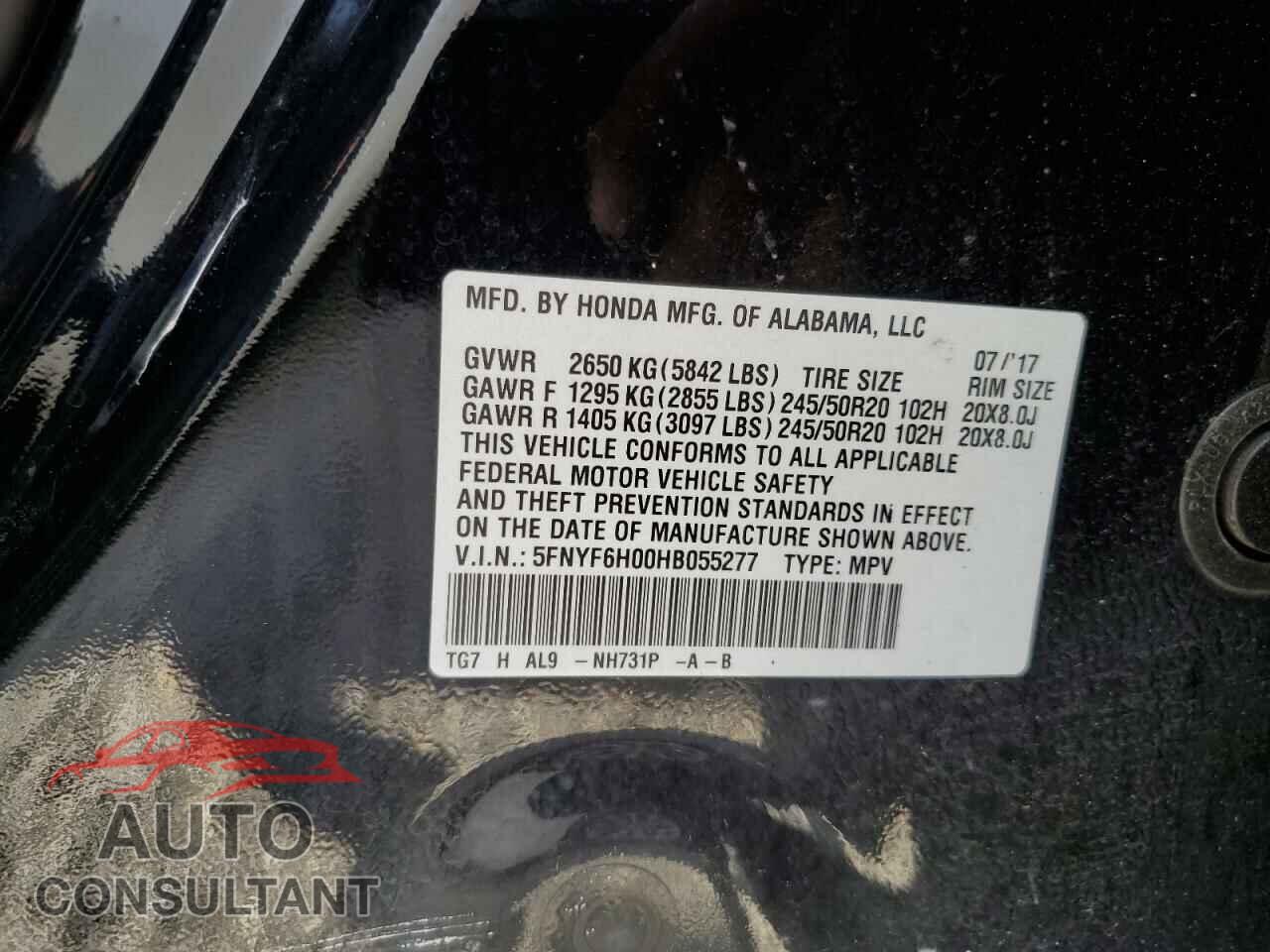 HONDA PILOT 2017 - 5FNYF6H00HB055277
