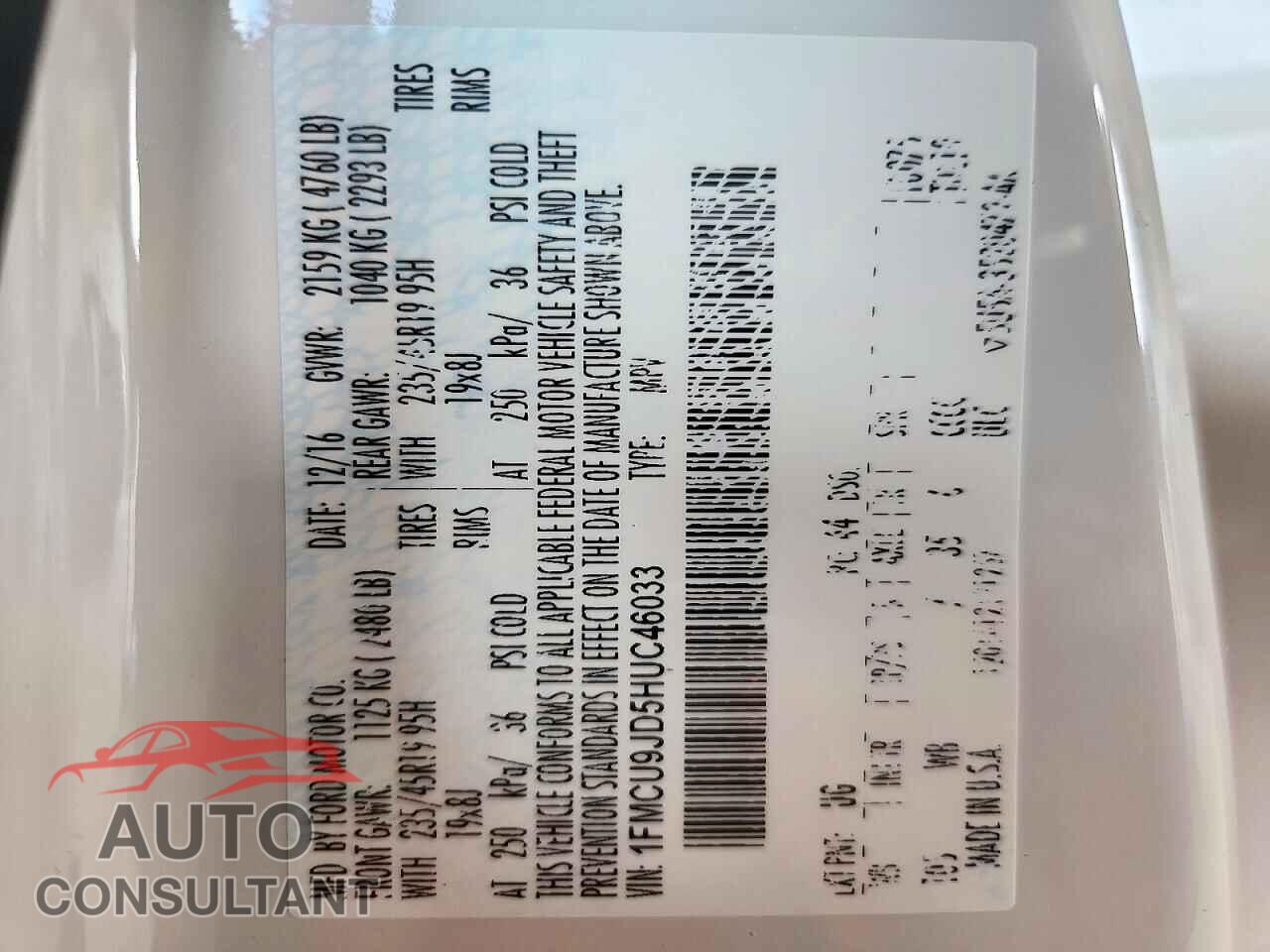 FORD ESCAPE 2017 - 1FMCU9JD5HUC46033