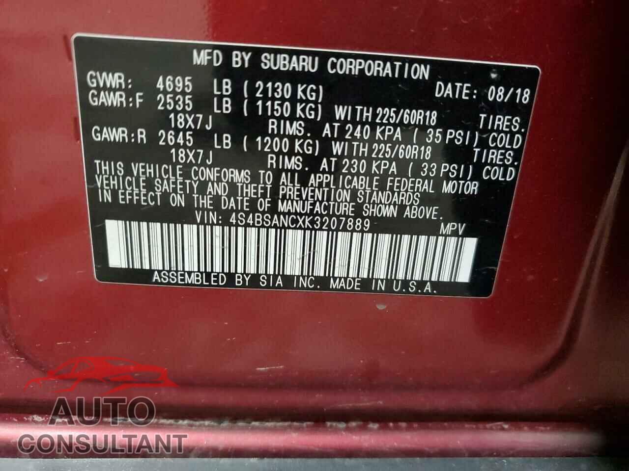 SUBARU OUTBACK 2019 - 4S4BSANCXK3207889