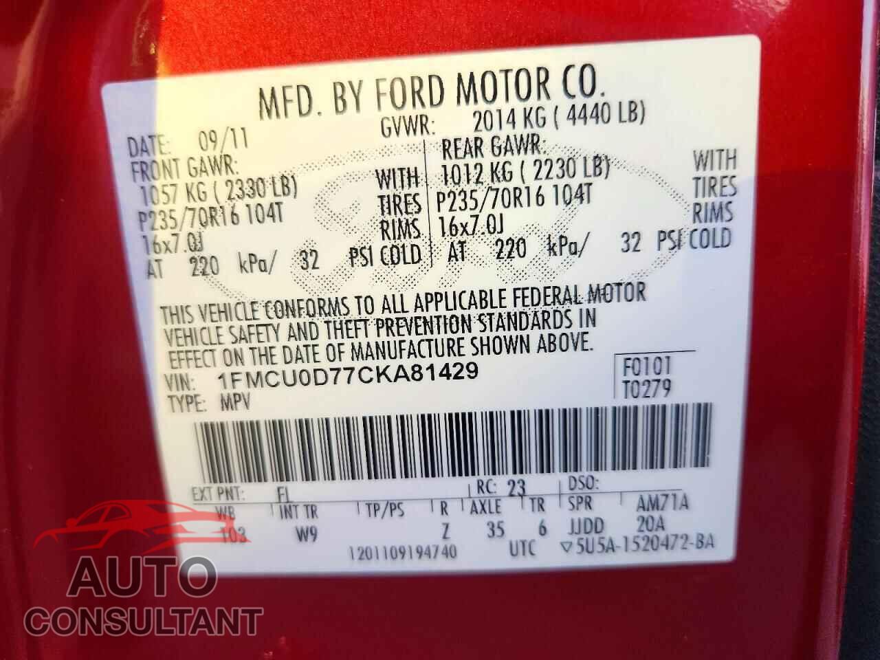 FORD ESCAPE 2012 - 1FMCU0D77CKA81429
