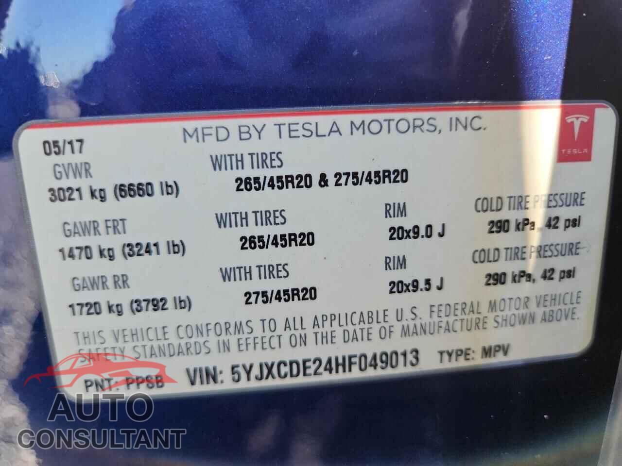 TESLA MODEL X 2017 - 5YJXCDE24HF049013