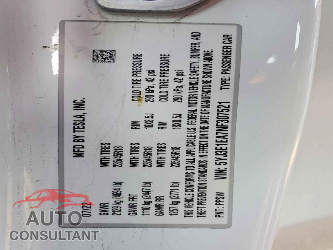 TESLA MODEL 3 2022 - 5YJ3E1EA7NF307521