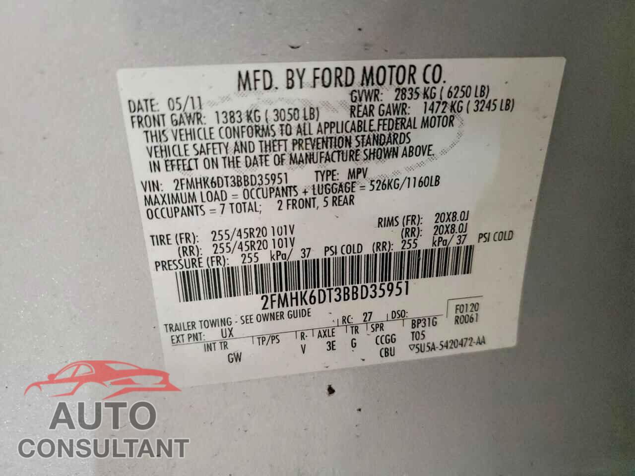 FORD FLEX 2011 - 2FMHK6DT3BBD35951