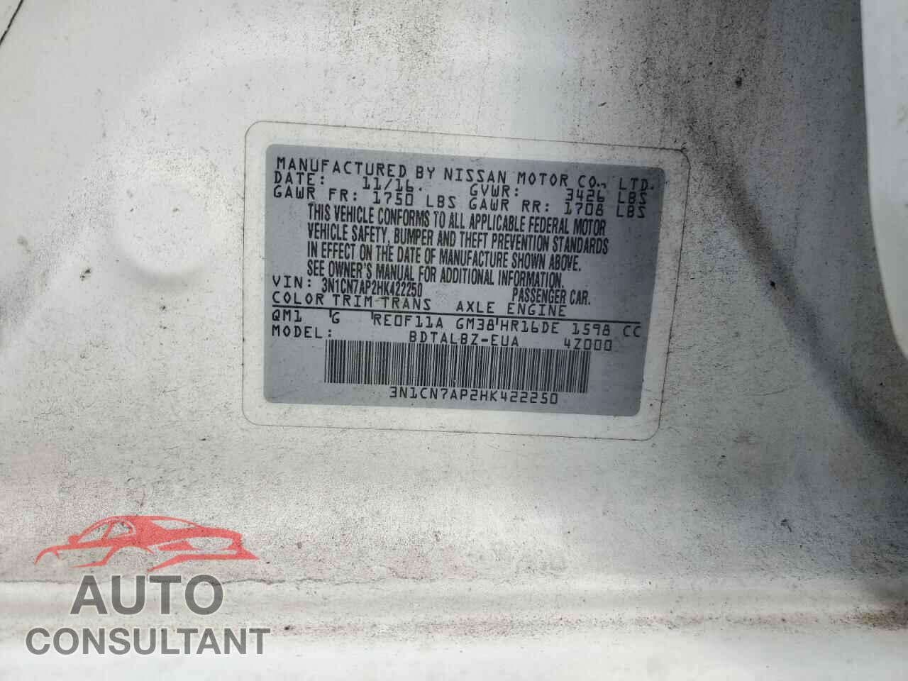 NISSAN VERSA 2017 - 3N1CN7AP2HK422250