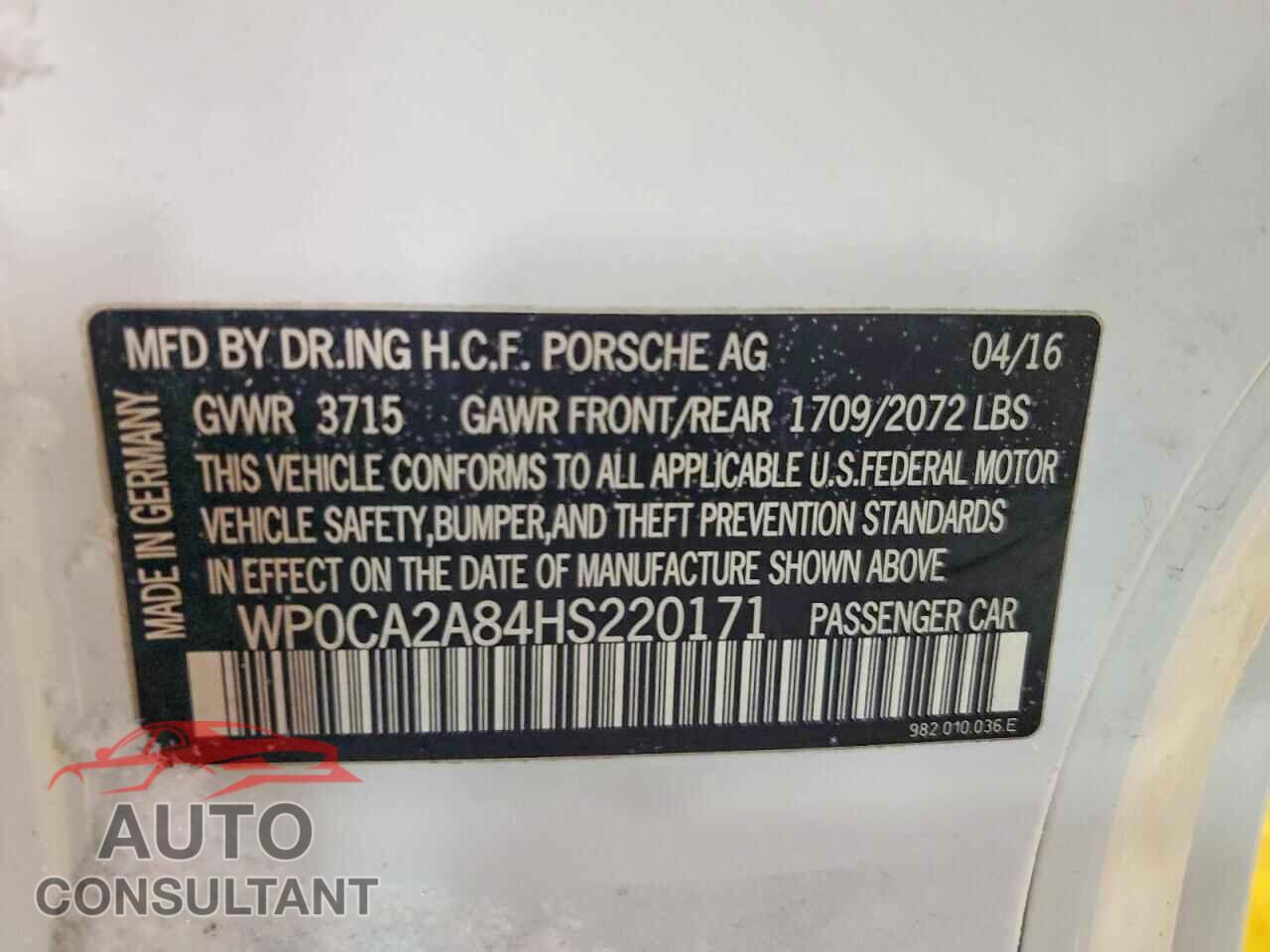 PORSCHE BOXSTER 2017 - WP0CA2A84HS220171