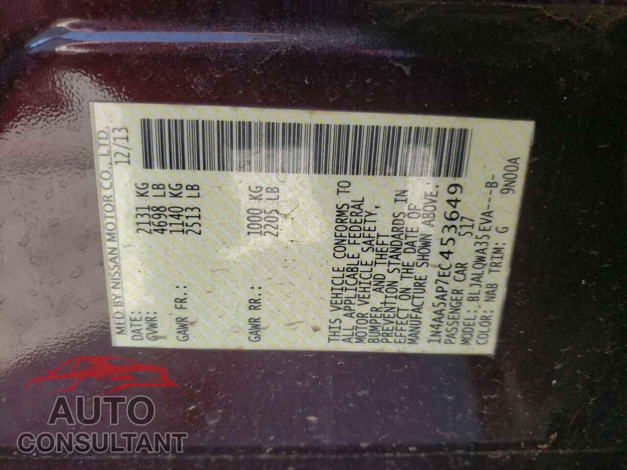 NISSAN MAXIMA 2014 - 1N4AA5AP7EC453649
