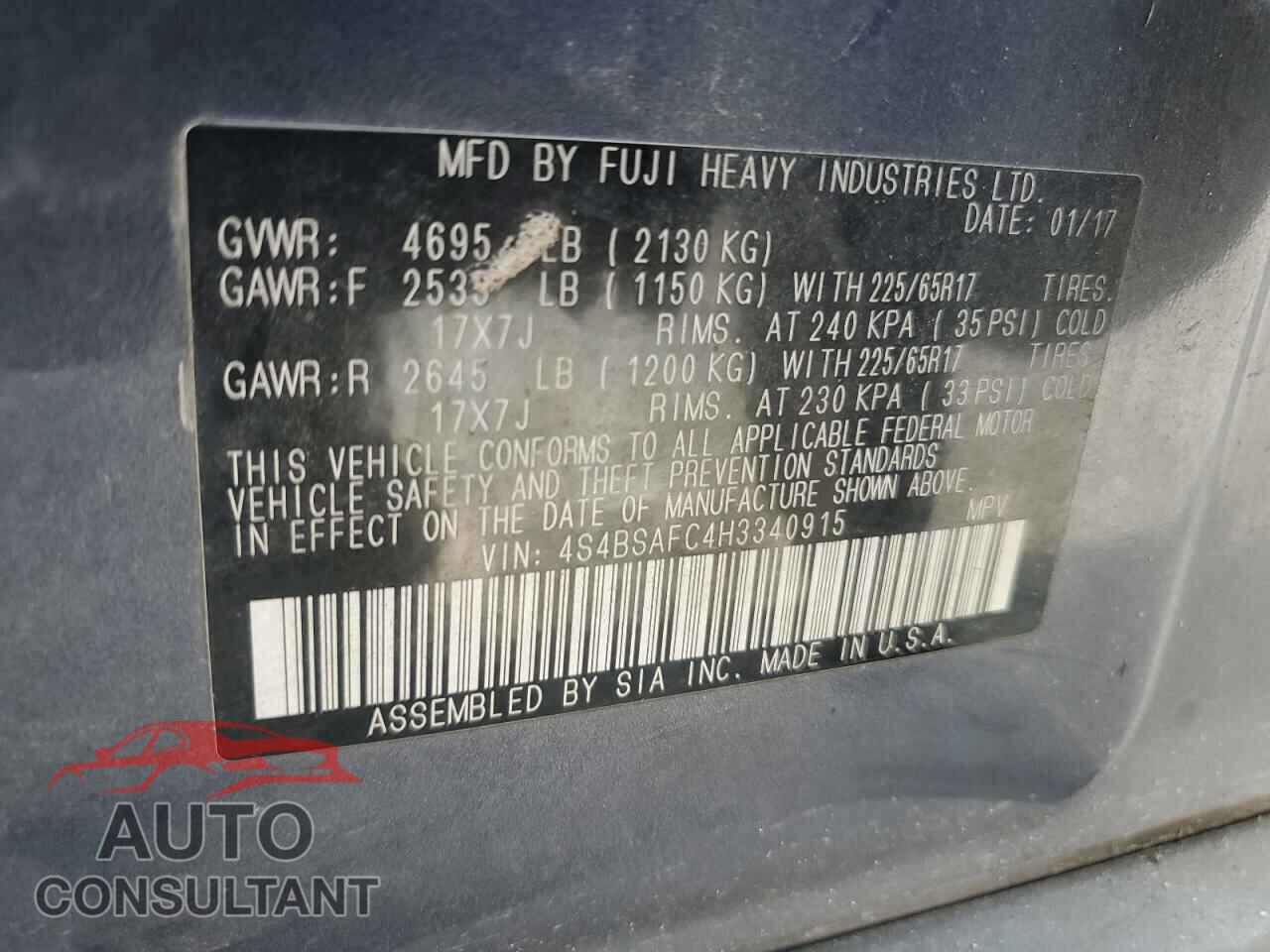SUBARU OUTBACK 2017 - 4S4BSAFC4H3340915