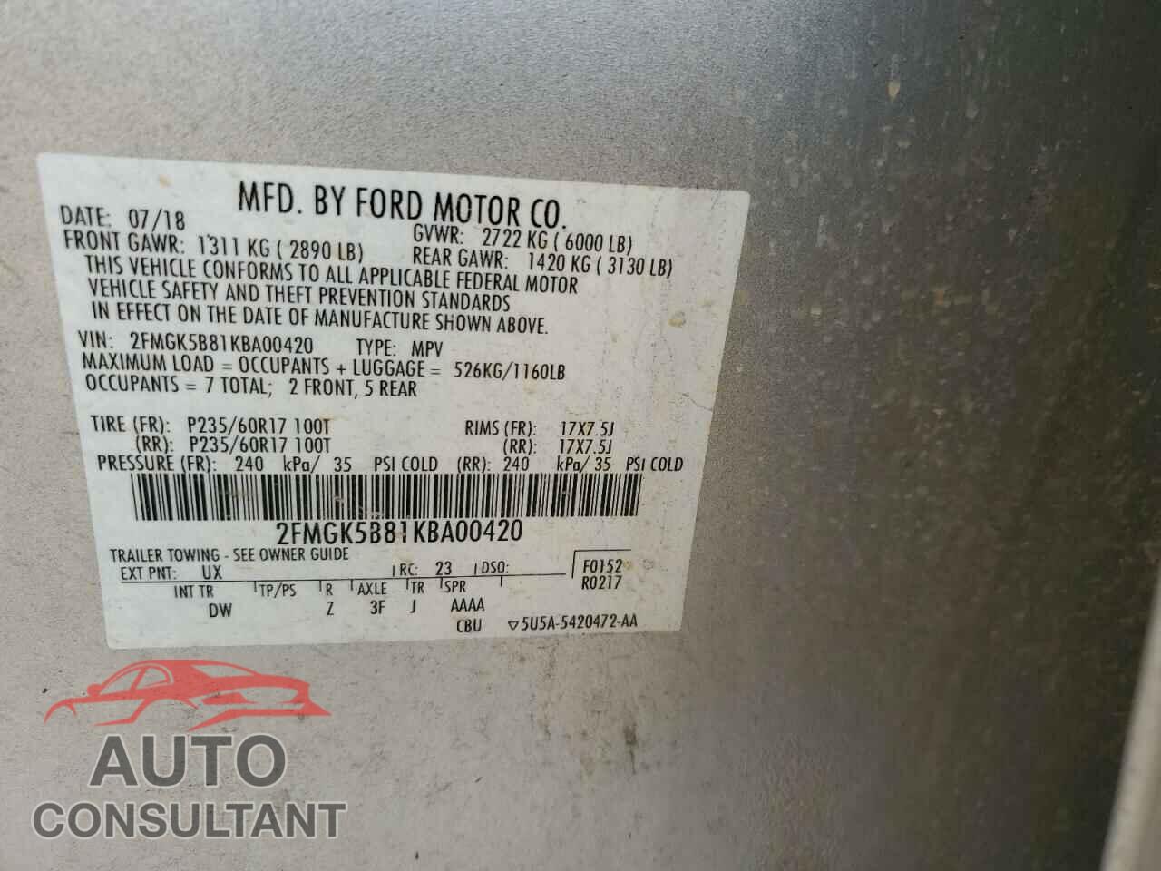 FORD FLEX 2019 - 2FMGK5B81KBA00420