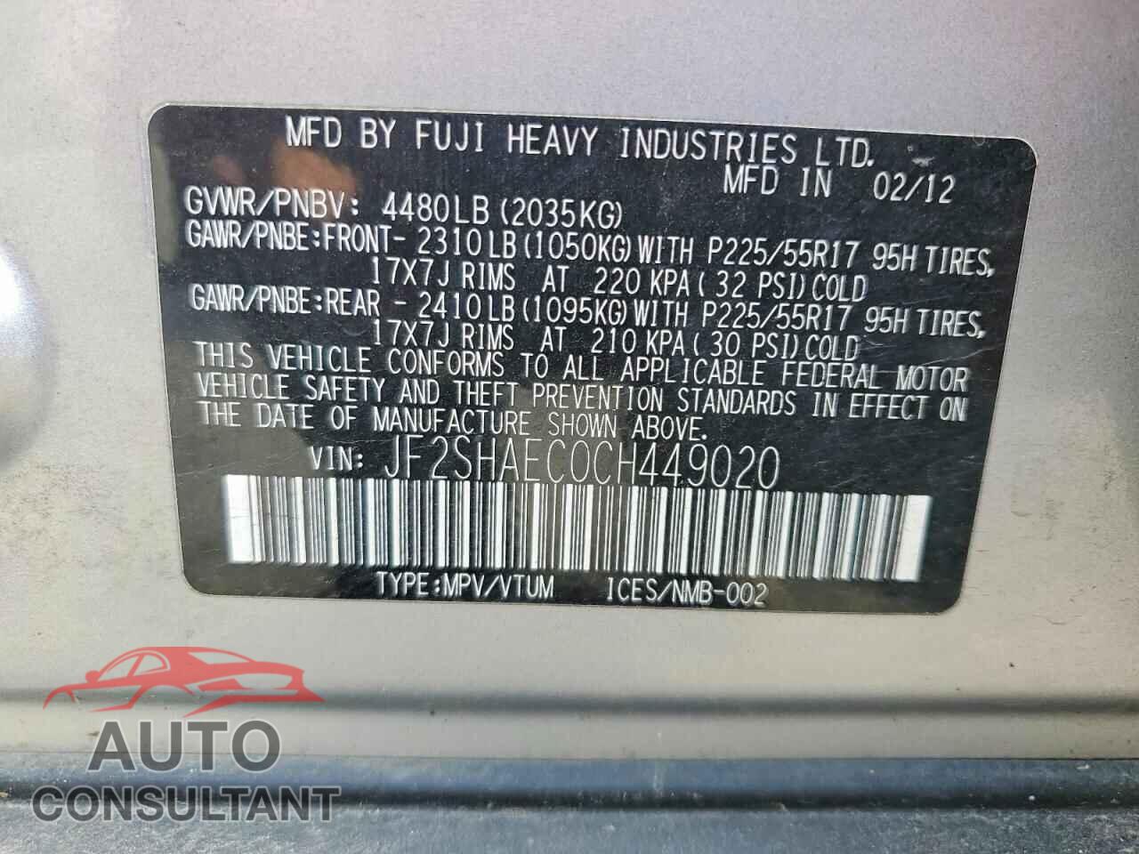 SUBARU FORESTER 2012 - JF2SHAEC0CH449020